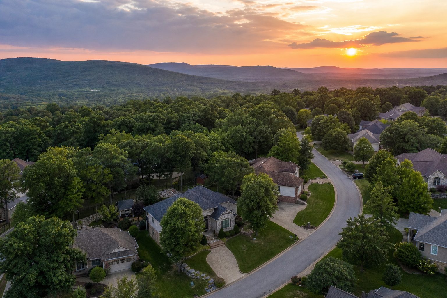 Residential neighborhood in southwest Missouri at sunset